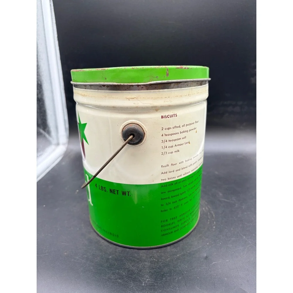 Vintage Armour Pure Lard 4 lb Tin Bucket with Lid Recipes Green White Red Star